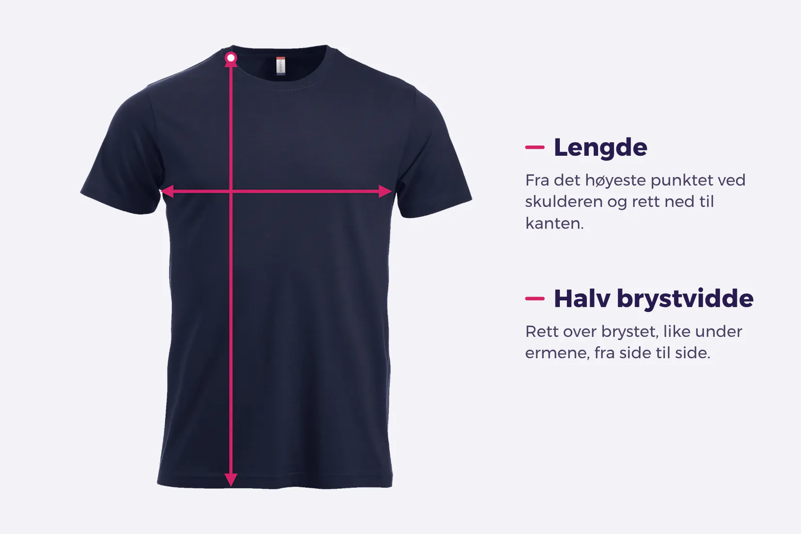 Tegning av en t-skjorte som viser hvordan lengde og halv brystvidde måles