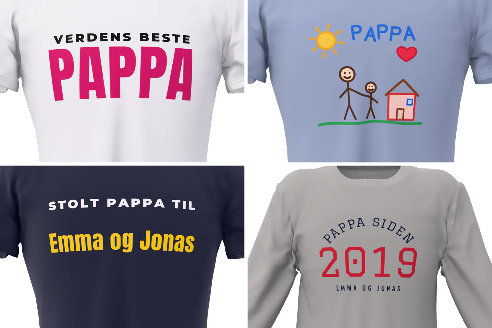 Fire farsdagsgaver med trykk: Verdens beste pappa, barnetegning med sol og hus, Stolt pappa til Emma og Jonas, og Pappa siden 2019 på genser