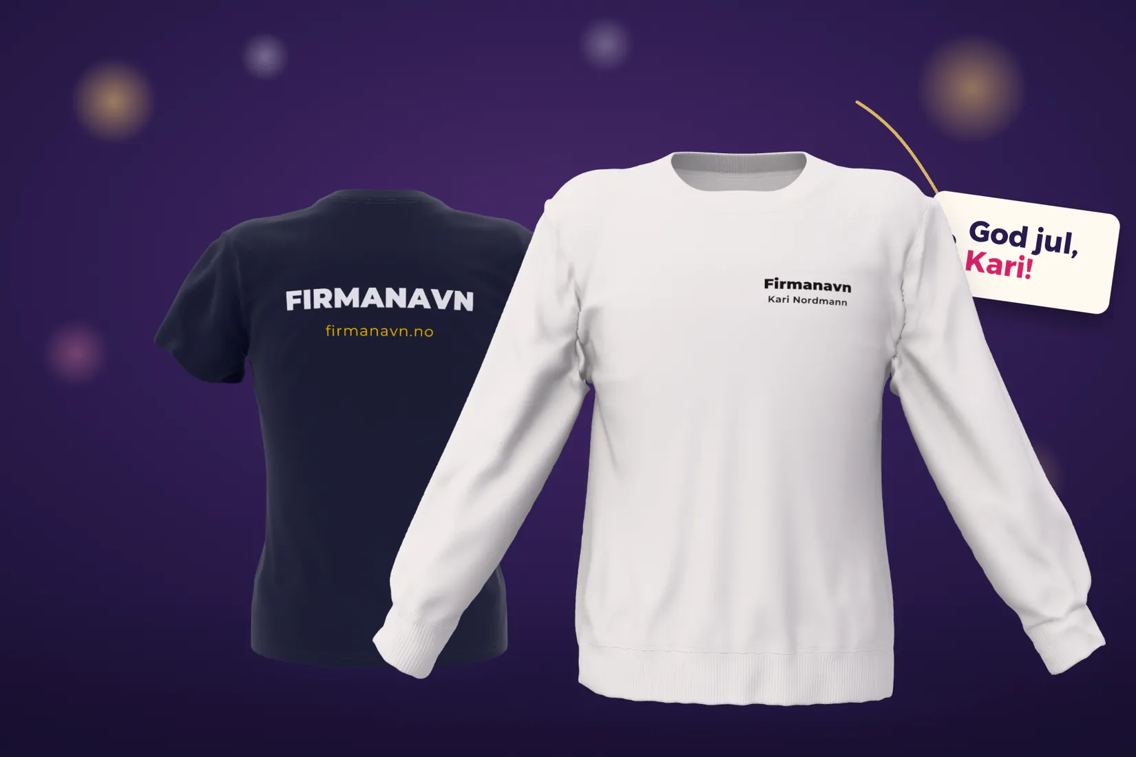 Hvit collegegenser med firmanavn og navnet Kari Nordmann på brystet, mørk t-skjorte med firmanavn på ryggen og en gavelapp med God jul, Kari!