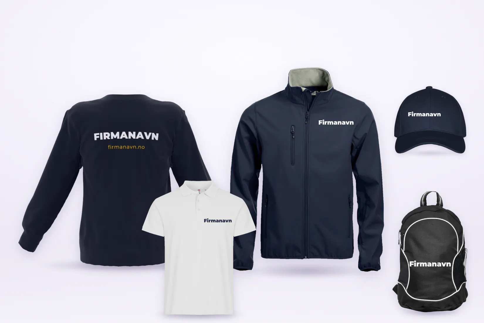 Bedriftspakke med logo: pikéskjorte, collegegenser med nettadresse på ryggen, softshelljakke, caps og ryggsekk