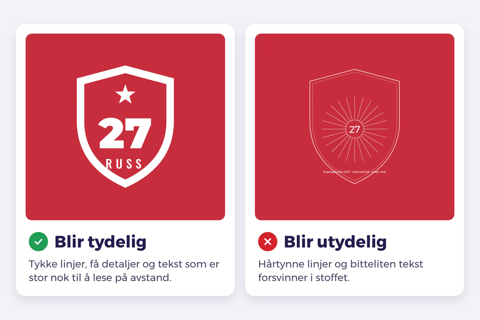 To russelogoer i skjold på rød bakgrunn: en med tykke linjer og stort årstall som blir tydelig, og en med hårtynne linjer og bitteliten tekst som blir utydelig